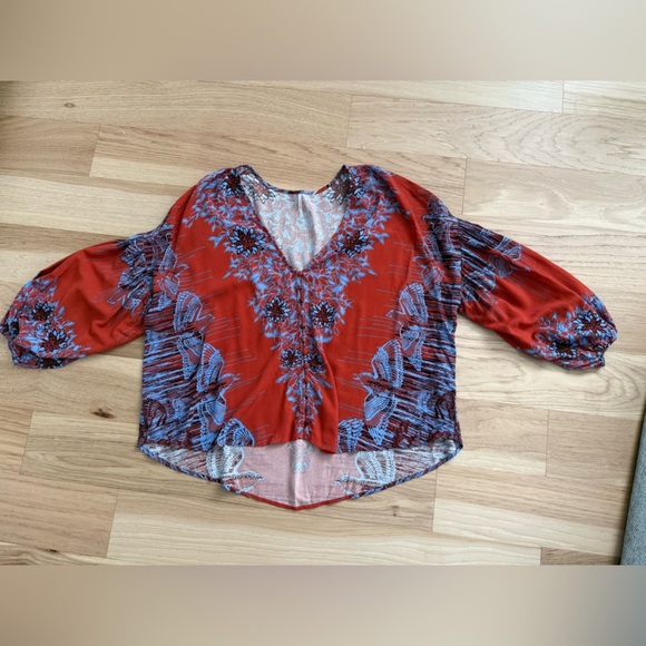 Free People Birds of a Feather blouse boho top terracotta  blue size Xs - Picture 10 of 13